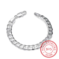 LEKANI Men's Fine Jewelry 8 inch 20cm bracelet 925 Sterling Silver Fashion Charm 8MM Sideways flat Chain Bracelets Bangle