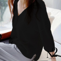 涼感針織罩衫 正韓Ｖ領落肩設計口袋造型五分袖針織罩衫外套(黑)N2