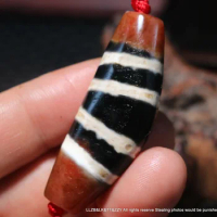 N3K41 Energy Tibetan Old Agate Old Method Rare 3 Colors Line Type Healer Medicine Symbol Ox Horn Shape dZi Bead Amulet Jewelry