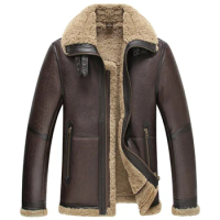 Leather Jacket Men Brown Short Shearling Aviator Fur Coat Flight Jacket Motorcycle Coat TJ04