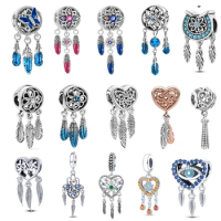 925 Sterling Silver Feather Dreamcatcher Tassel Charms Beads Fit Original Pandora Bracelet Bangle Fashion DIY Jewelry makinggift