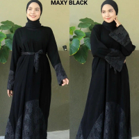 Gamis Exclusive Maxi Black Dress Wanita Arab Bahan Jetblack Saudi Premium Kombinasi Brokat Hitam Exc
