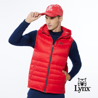 【Lynx Golf】男款保暖羽絨素面款脇邊羅紋設計無袖連帽背心-紅色