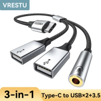 3 in 1 Type C to 3.5mm Jack Audio Adapter DAC Chip Amp USB C to Dual USB2.0 OTG Convertor Tipo C Multifunctional Splitter Cable