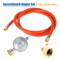 1set Gas Hose 150cm/59" Pressure Reducer 50mbar Regulator Set Transition 1/2" R X 1/4" Lks Adapter for LPG BBQ Gas Grill Cooker