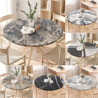 Marble Texture Fitted Round Tablecloth Waterproof Table Covers Elastic Edged White Marble Pattern Table Clothes for Dining Table