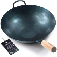 Pre Seasoned Blue Carbon Steel Flat Bottom Wok -14 Inch Chinese Pow Wok - Traditionally Hand Hammered Woks and Stir Fry Pans…