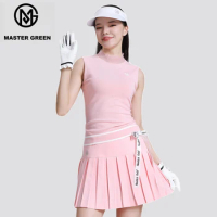 New Golf Women Clothing Suit Pink Sleeveless T-shirt Half-high Neck Elastic Sports Top Ladies Pleated Skirt Short Skort