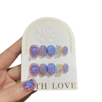 10pcs Detachable Purple Dream Short Press On Nails With 3D Bear Ice Cream Square Circle Fake Nails With Glue Acrylic Nails Tips