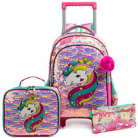 16 inch Unicorn Primary School bag with wheels Sequine School Rolling Backpack Girls Kids Wheeled Backpack School Trolley Bag