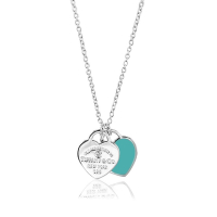 二手品 Tiffany&amp;Co. 迷你雙心藍琺瑯鑲鑽925純銀項鍊