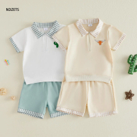 Toddler Baby Summer Outfit Bull Head/Cactus Pattern Plaid Trim Half Zip Up Collared Short Sleeve Top
