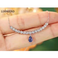 LUOWEND 18K White Gold Necklace Romantic Smile Design Real Natural Sapphire Luxury Diamond Necklace for Women Wedding Jewelry