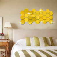 12PCS Modern 3D Gold / Silver Mirror Wall Stickers Hexagonal Acrylic Decorative For Bedroom Living Room Decorative DIY