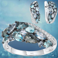 Luxury Aquamarine Crystal Jewelry Set Wedding Engagement Ring Earrings Set Valentines Day Gift Jewelry Conjuntos De Joyeria