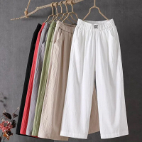 Summer Elastic Waist Women's Pants Casual Solid Cotton Linen Ankle Length Pants Female High Quality Loose Trousers