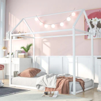 House Bed Frame Twin Size , Kids Bed Frame Metal Platform Bed Floor Bed for Kids Boys Girls No Box Spring Needed White