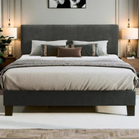 King Size Bed Frame with Adjustable Headboard Upholstered Platform Linen Fabric Headboard Wooden Slats Support Grey Bed Frame