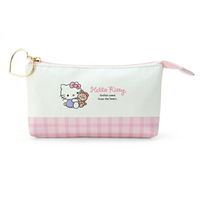 小禮堂 Hello Kitty 皮質三角雙層筆袋 (米粉格子抱熊款)
