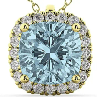 (2.27ct) 14k Yellow Gold Halo Cushion Cut Halo Aquamarine and Diamond Accented Pendant Necklace