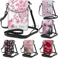 pink cherry blossom Crossbody Cell Phone Purse Shoulder Bag purse Small crossbody wallet PU Women Crossbody bag