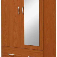 2 Door Wood Wardrobe Bedroom Closet with Clothing Rod Inside Cabinet, 2 Drawers for Storage and Mirror, Multiple Colors