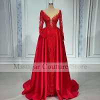 2022 Elegant Red Mermaid Prom Dresses Beading Longsleeves Evening Gowns Custom Made Formal Party Gowns