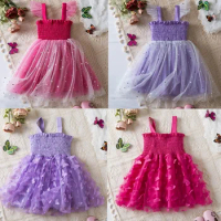 2024 New Summer Baby Girls Dress Mesh Princess Dresses for Girls Bohemia Smocked Sequins Tutu 2-6 Yrs Kids Birthday Party Wear