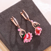 Huitan Sweet Pink Flower Dangle Earrings for Women Creative Enamel Rose Gold Color Earrings Engagement Wedding New Trend Jewelry