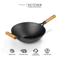 SKITCHEN Cast Iron Wakayama Wok (32 cm) - Wajan, Gagang Kayu Jati Premium, Wooden Handle, Anti Panas