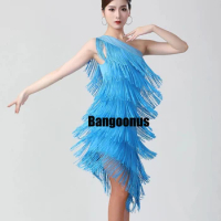 New Women 1920s Flapper Dress Charleston Party Costumes Sexy One Shoulder Tiered Fringe Dress Latin Salsa Rumba Dance Dress Blue