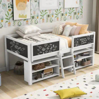 Designs Kids Low Loft Bed with 2 Movable Storage Shelves Twin Loft Bed Frame with Chalkboard and Ladder Multifunctional Loft