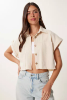 Happiness Istanbul Women's Cream Pocket Linen Crop Shirt Zh00056