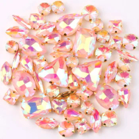 Gold claw setting 50pcs/bag shapes mix jelly candy Lt peach AB glass crystal sew on rhinestone wedding dress shoes bags diy
