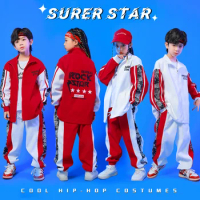 Kids Hip Hop Clothing Red White Zip Up Bomber Jacket Top Jogger Pants For Girl Boy Jazz Dance Costume Clothes Sport Outfits Set