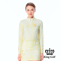 【KING GOLF】女款立領拉鍊幾何圖形印花薄款長袖POLO衫/高爾夫球衫-黃色