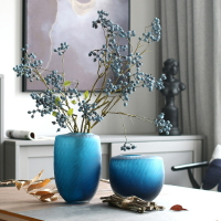 手工玻璃花瓶藍色磨砂現代藝術插花花器客廳裝飾擺件