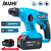 JAUHI 3600rpm Cordless Electric Rotary Hammer Rechargeable 8600ipm Electric Hammer Drill For Makita 18V Battery Power Tools