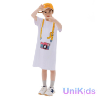 【UniKids】中大童裝短袖T恤裙 童趣相機印花設計洋裝 女大童裝 VWHT270(T恤裙)