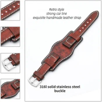 Handmade vintage leather watch strap Anti-metal allergy tray BUND watch band 20 22 24mm for Rolex/Om