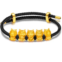 Fine Pure 999 24K Yellow Gold Bracelet Men Women Five Dragon Bracelet