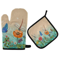 Spring Dragonfly Butterfly Oven Mitts &amp; Pot Holders 2pcs Vintage Summer Flowers Home Kitchen Heat Resistant Oven Gloves Hot Pad