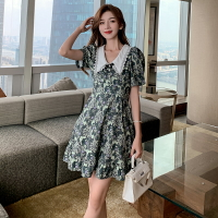 虞書欣同款法式娃娃領碎花連衣裙女2021新款收腰顯瘦氣質雪紡裙子