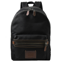 COACH Academy Backpack 質感帆布拼接皮革復古大容量拉鍊後背包(黑)