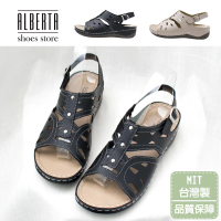【Alberta】涼鞋 楔形鞋 MIT台灣製 鉚釘裝飾扣帶穿脫素色皮質鞋面楔型前2cm跟3.5cm涼拖鞋