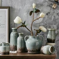 美式土陶冰裂仿真花花瓶擺件 家居裝飾樣板客廳桌面擺設1入