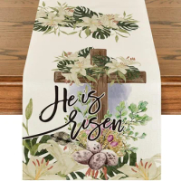 He Is Risen Egg Lily Happy Easter Linen Table Runner Seasonal Dresser Scarf Table Decor Holiday Party Kitchen Dining Table Decor