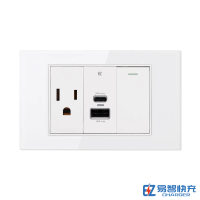【易智快充】30W埋入式USB快充插座面板-鋼化玻璃(USB-A&Type-C 快充插座+AC插座+LED冷光開關)