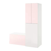 SMÅSTAD 附外拉式底座衣櫃, 白色 淺粉紅色/附儲物空間的長凳, 150x57x196 公分