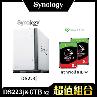 Synology DS223j 2Bay NAS 網路儲存伺服器＋希捷 Seagate 8TB NAS專用硬碟-兩入組